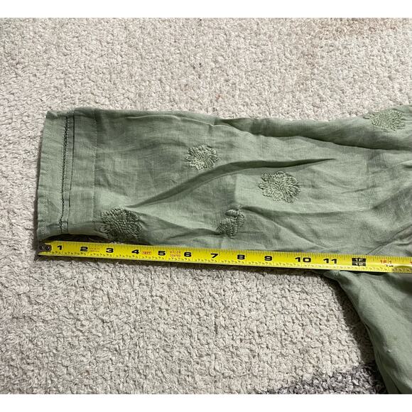 NWT Magaschoni Women's Size Medium Linen Embroidered V Neck Peasant Blouse Green - Picture 7 of 11